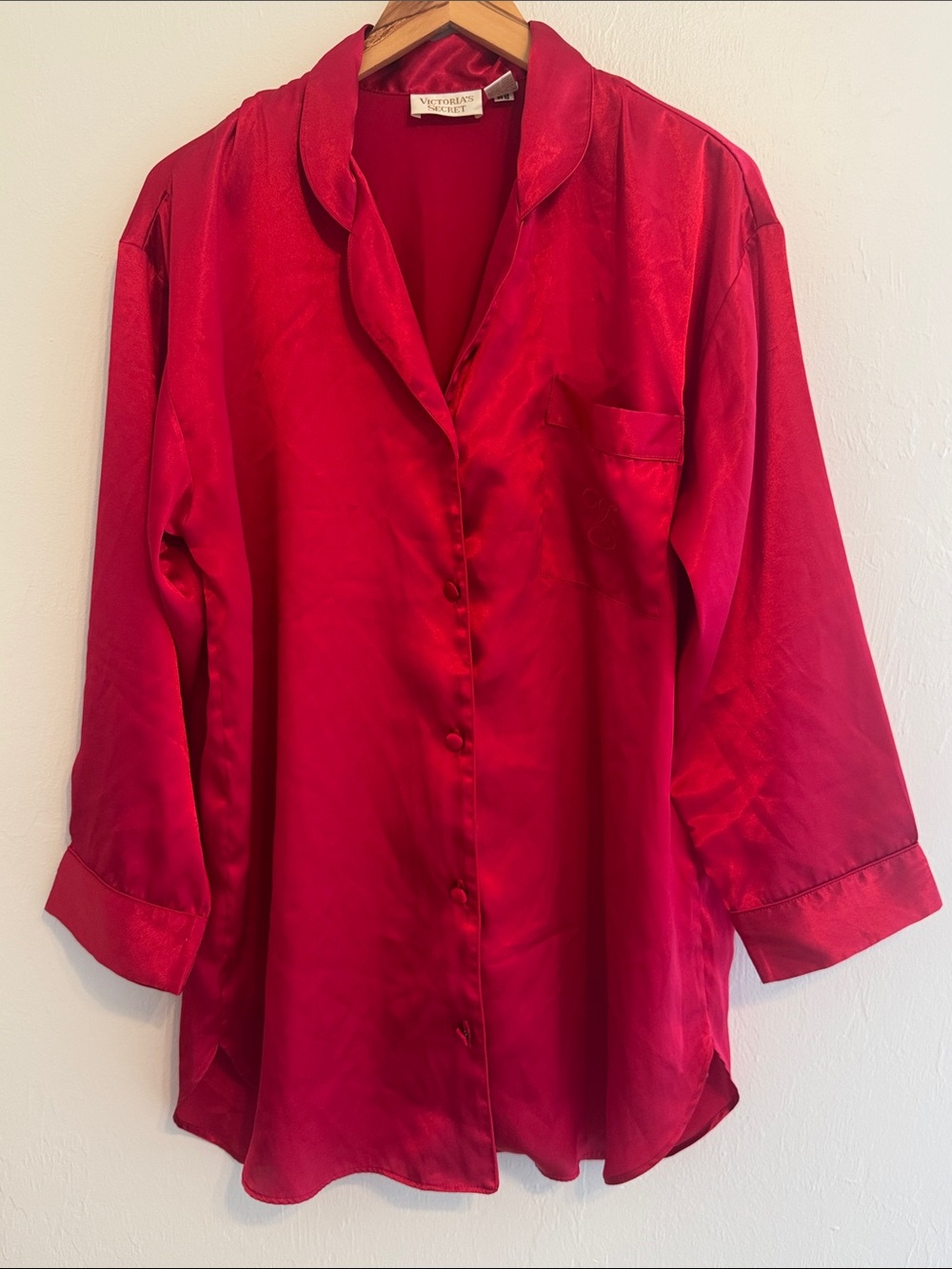 Vintage Victorias Secret Gold Label Red Satin Button Sleep Shirt Medium Pajamas